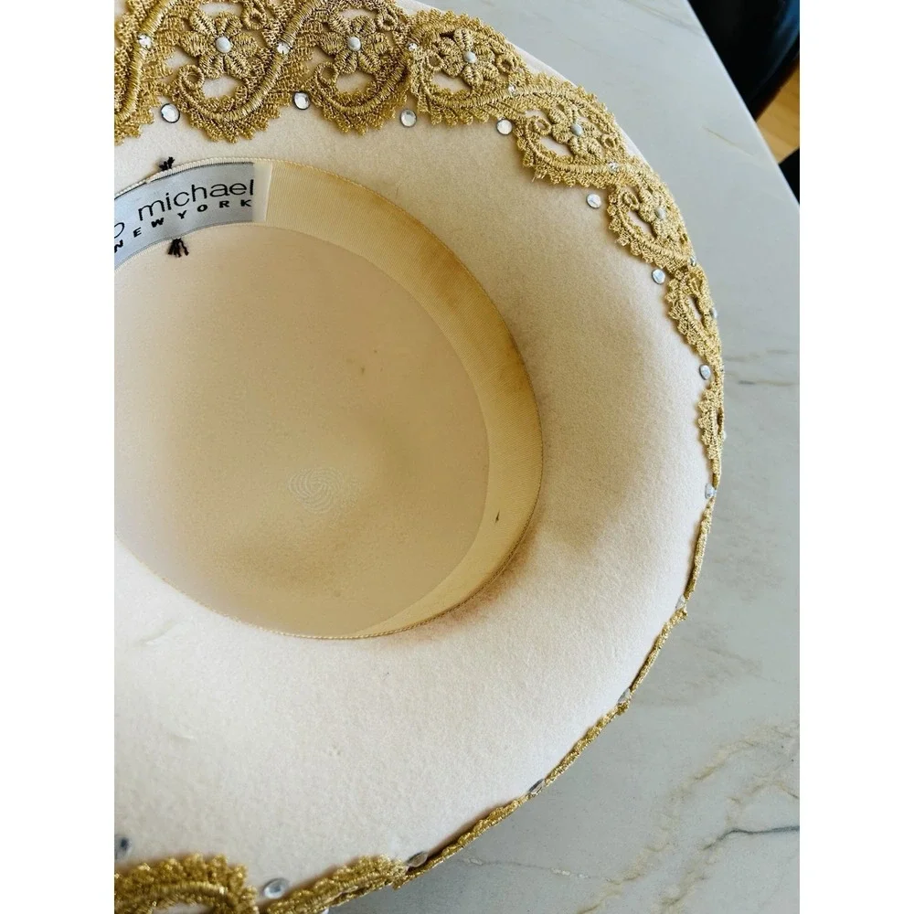 Michael New York Ivory Wide Brim Fedora Hat Gold Lace Rhinestone Size M